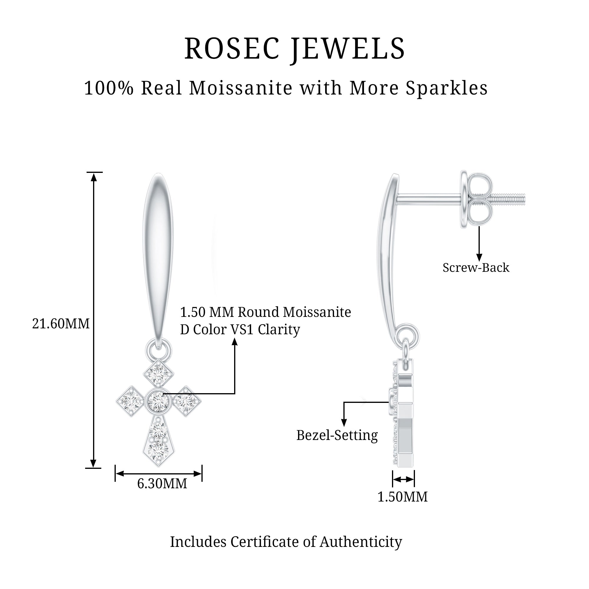 Minimalist Moissanite Cross Drop Earrings in Sterling Silver