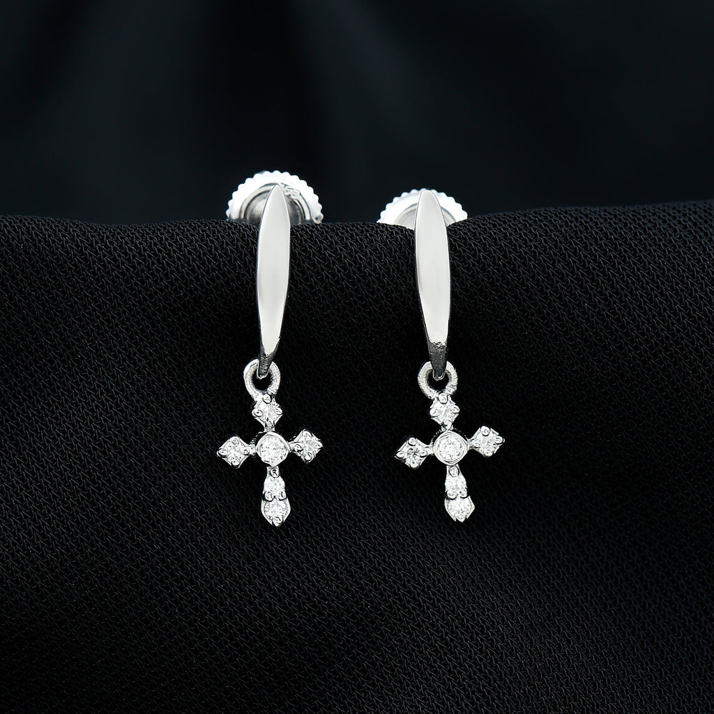 Minimalist Moissanite Cross Drop Earrings in Sterling Silver