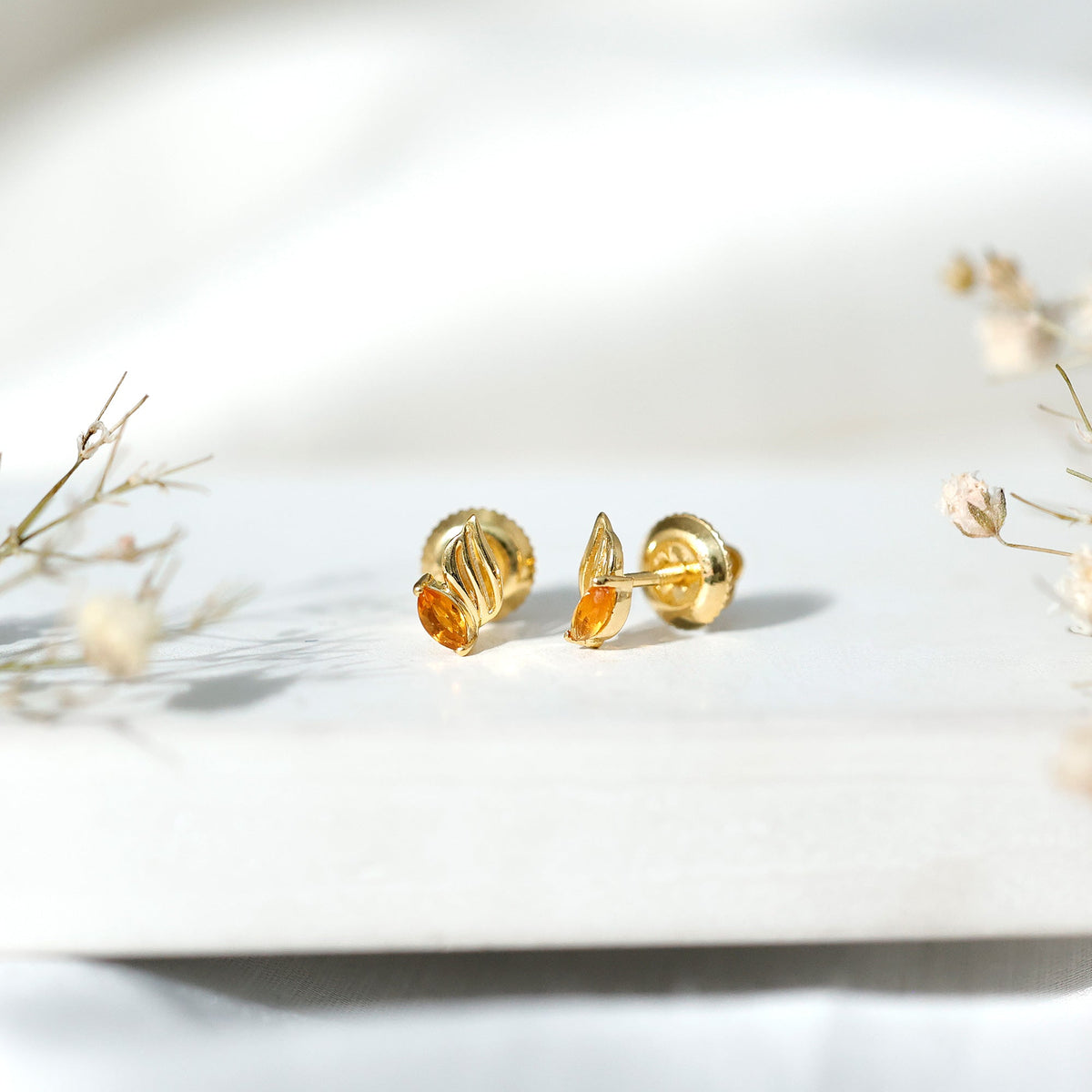 Nature Inspired Citrine Leaf Earrings in Gold Plated Silver