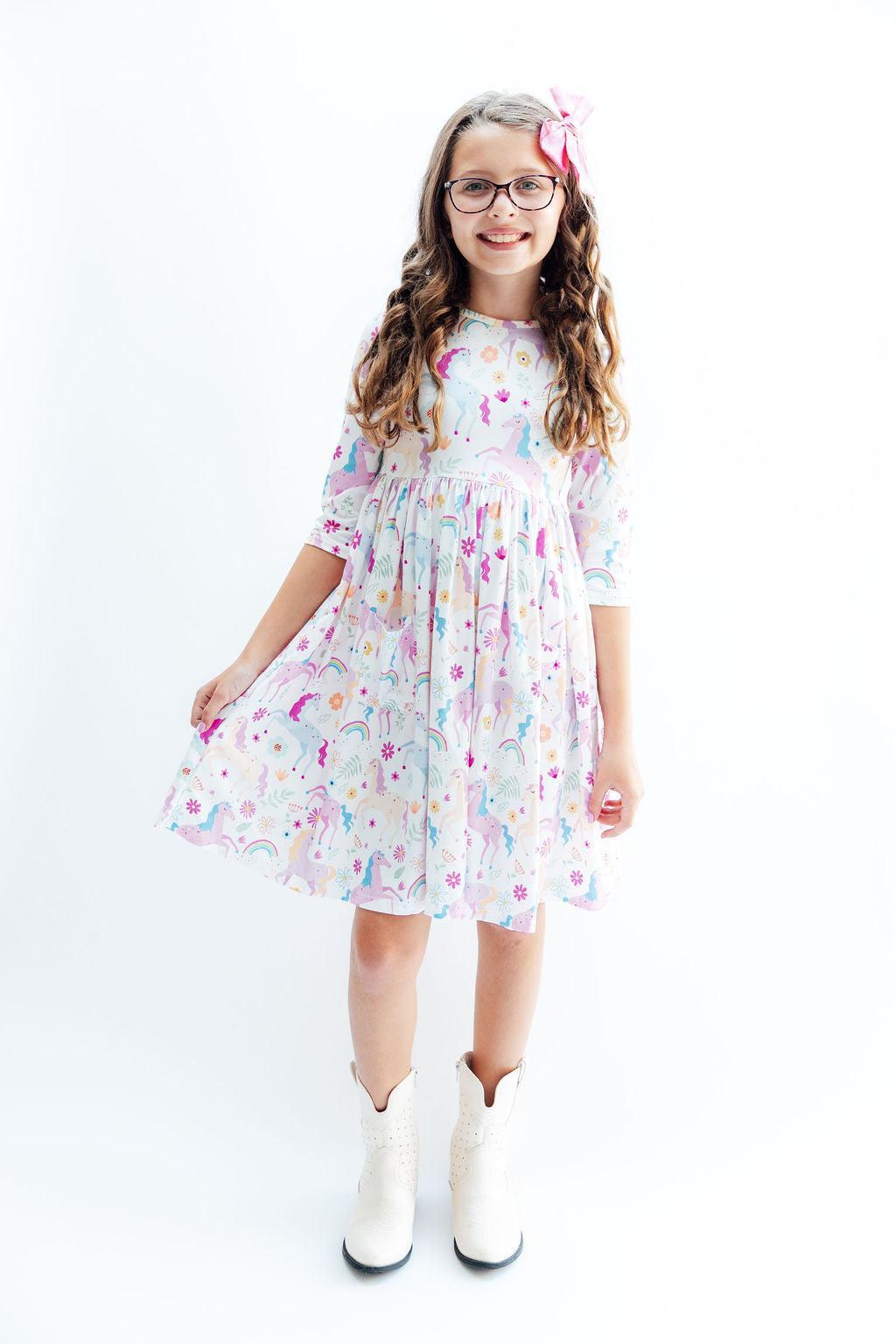 Rainbow Vibes 3/4 Sleeve Pocket Twirl Dress