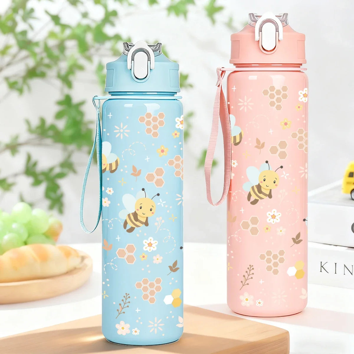 Sweet Honeycomb Bee Pattern Reusable Plastic Water Bottle | Lightweight Leakproof Flip Top Cup for Kids Girls