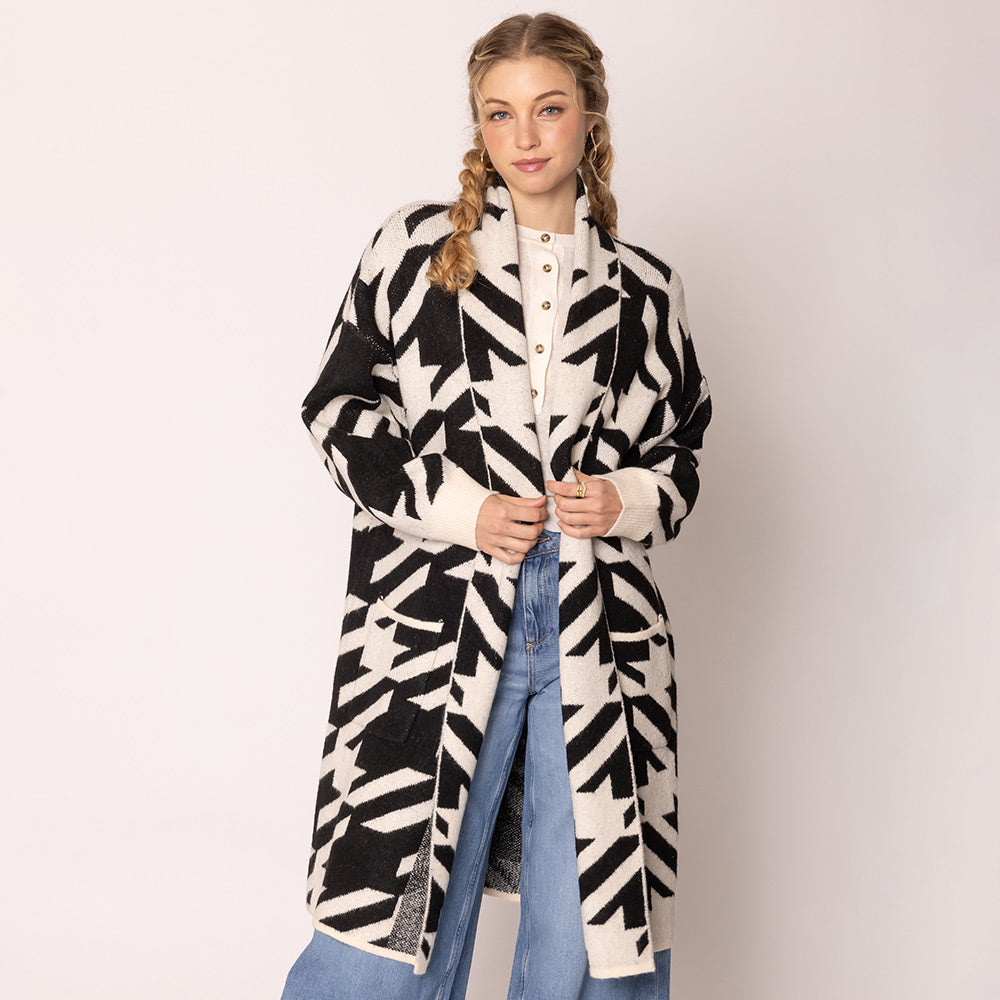 Open Front Houndstooth Pattern Long Cardigan