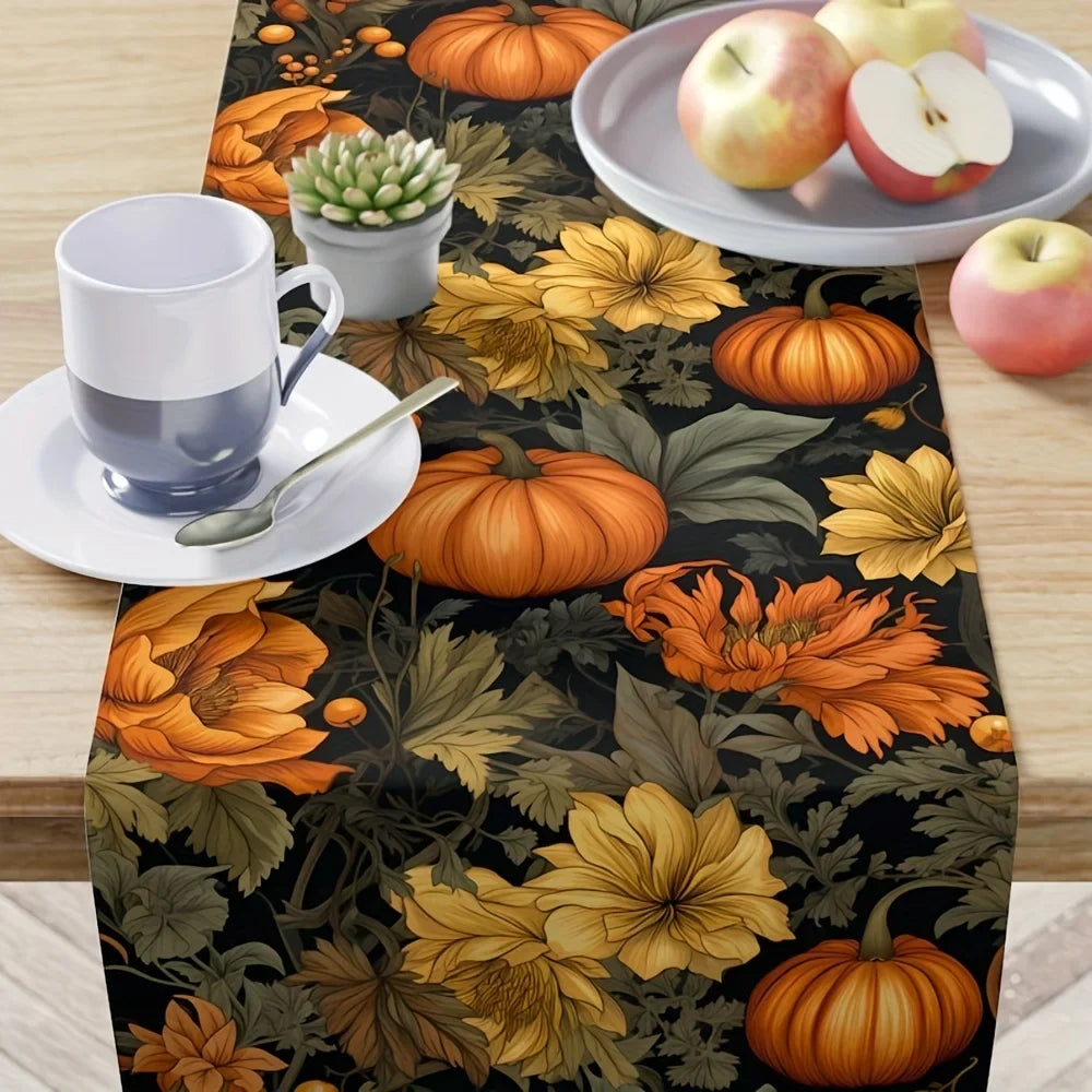 Autumn Harvest Linen Table Runner Fall Thanksgiving Pumpkin Printed Table Runner Outdoor Garden Party Kitchen Dining Table Decor