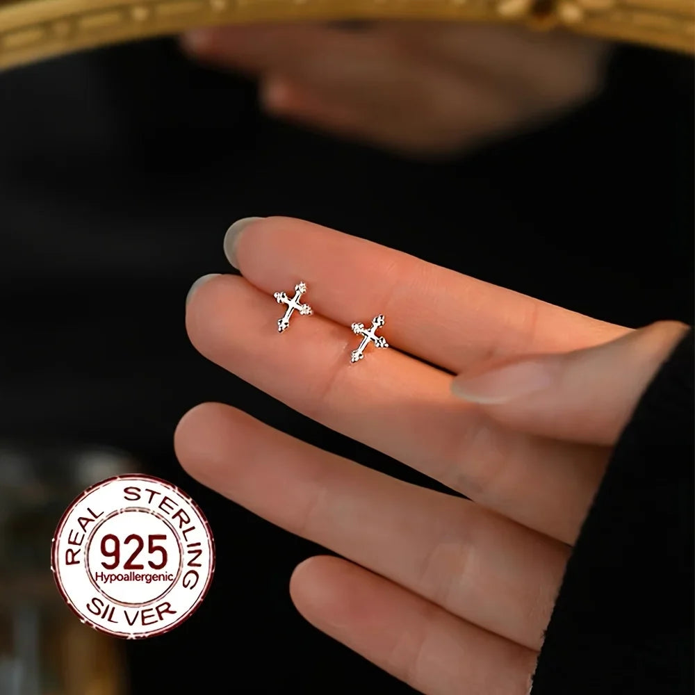 New S925 Sterling Silver Cross Earrings Fashionable Minimalist Design Hypoallergenic for Daily Wear Vacation Valentine's Day