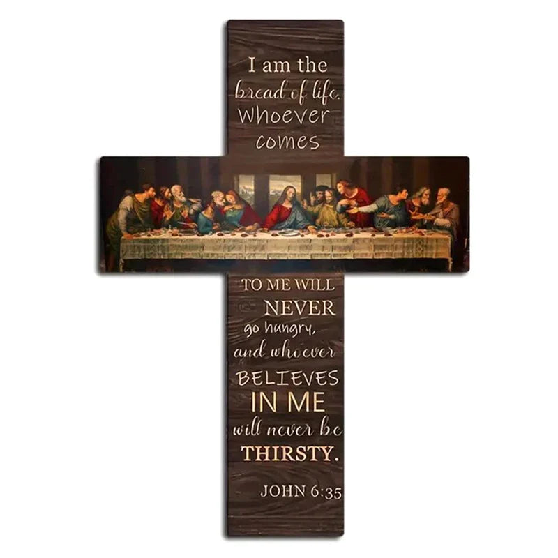 Bread Of Life Last Supper Scene Wooden Sign Cross Wall Art Plaque Home Decoration Pendant Wall Card Bible Scripture Wall Hanging
