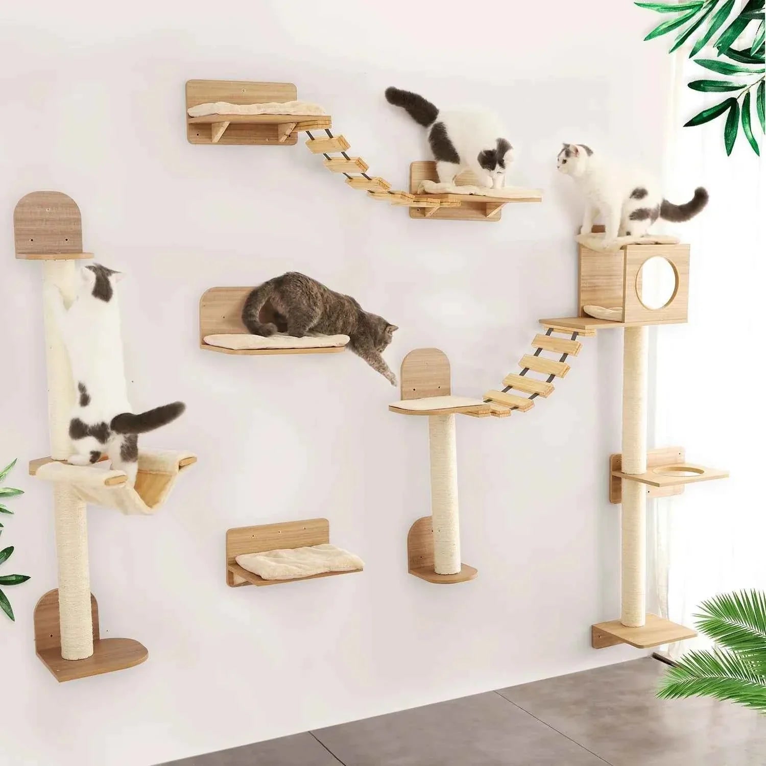 Wall-Mounted Cat Climbing Rope – Solid Wood Pedals & Sisal Scratch Training Toy for Indoor Cats