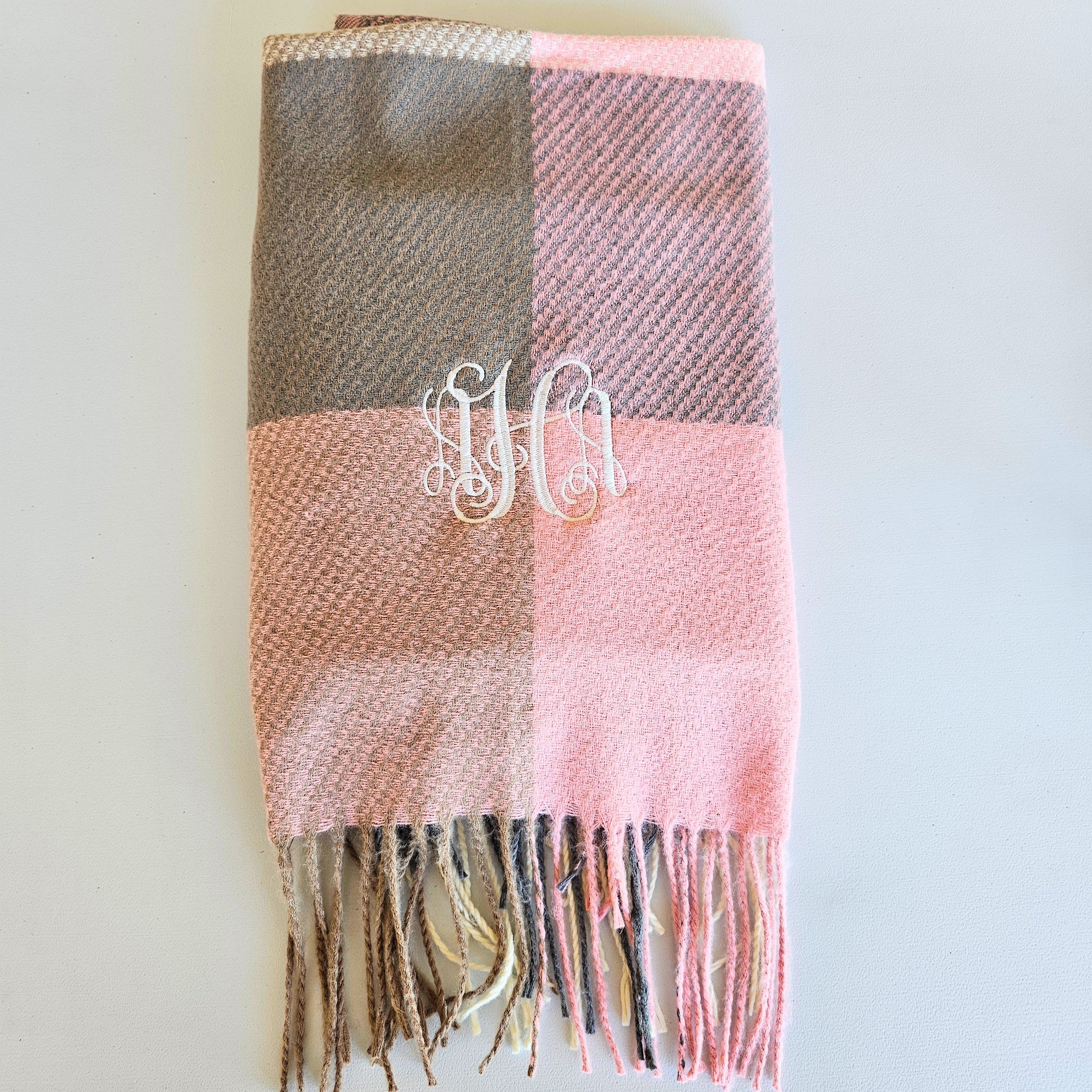 Cozy Fall Scarf – Monogram-Embroidered Plaid Wrap