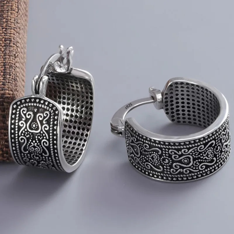 925 Sterling Silver Texture Flower Earrings For Women Gothic Trendy Simple Retro Earring Jewelry Party Accessories