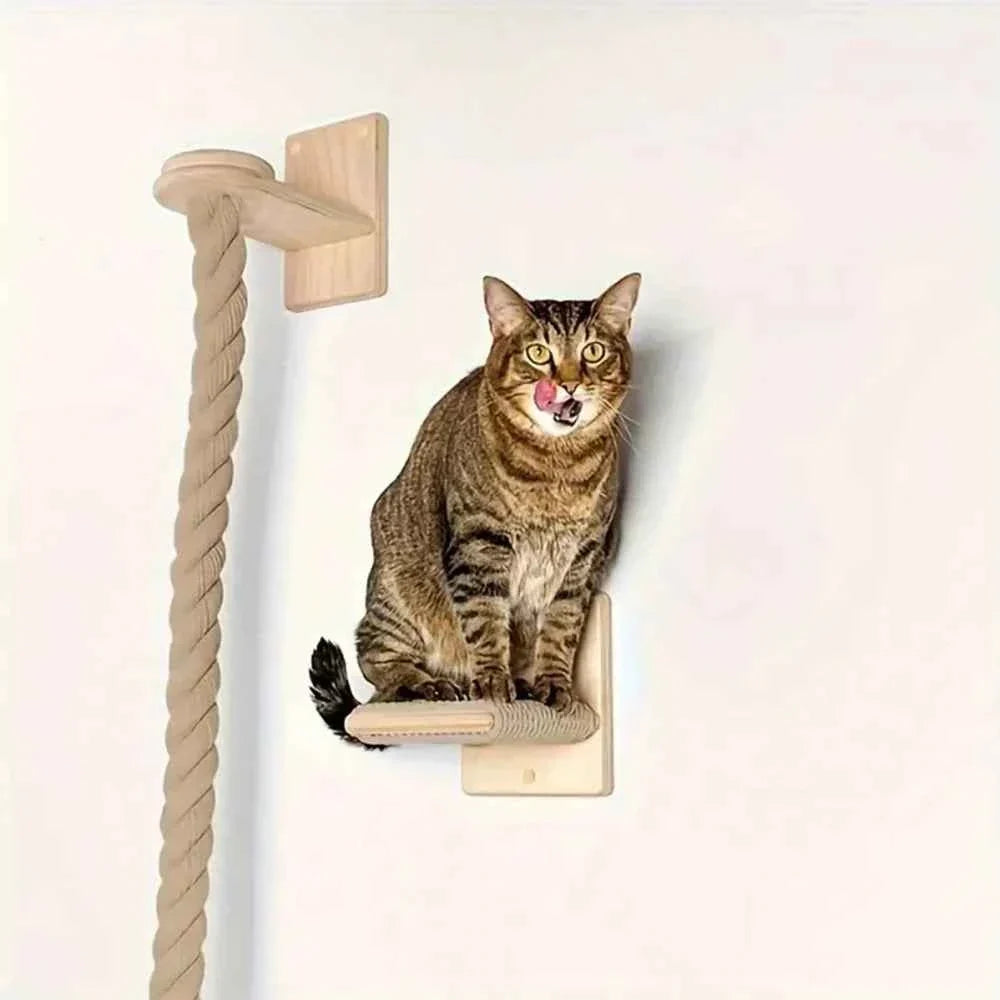 Wall-Mounted Cat Climbing Rope – Solid Wood Pedals & Sisal Scratch Training Toy for Indoor Cats