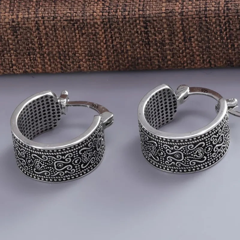 925 Sterling Silver Texture Flower Earrings For Women Gothic Trendy Simple Retro Earring Jewelry Party Accessories