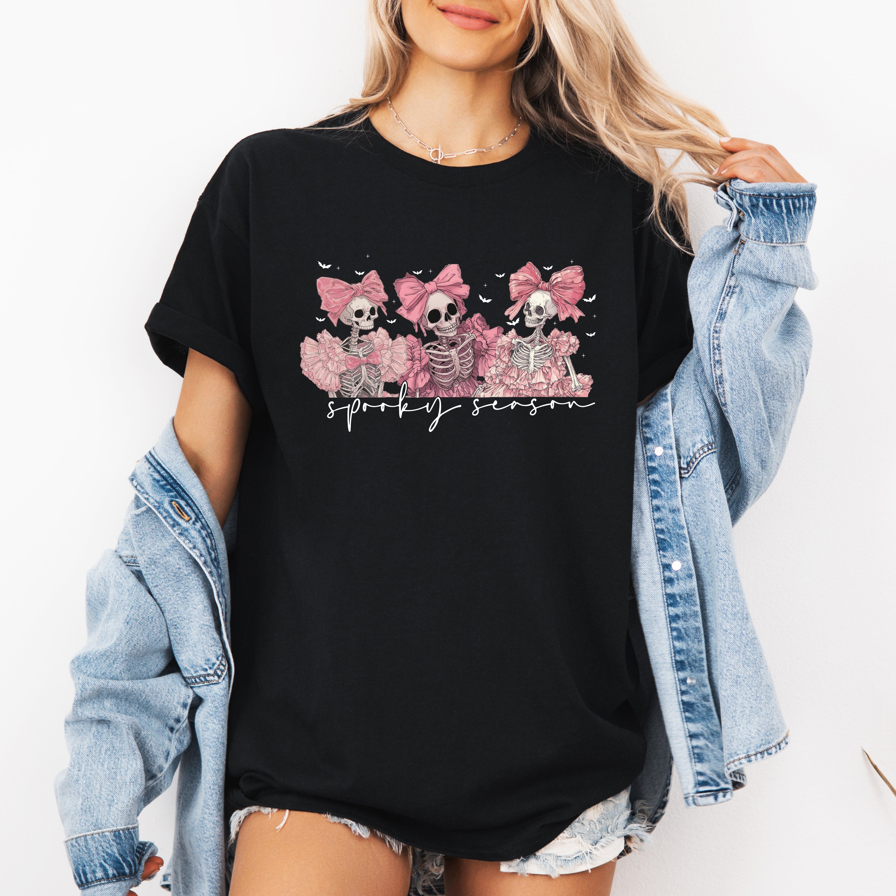 Spooky Season Skeletons Cute Coquette Ribbon Bows Halloween Limited Edition Graphic Tee