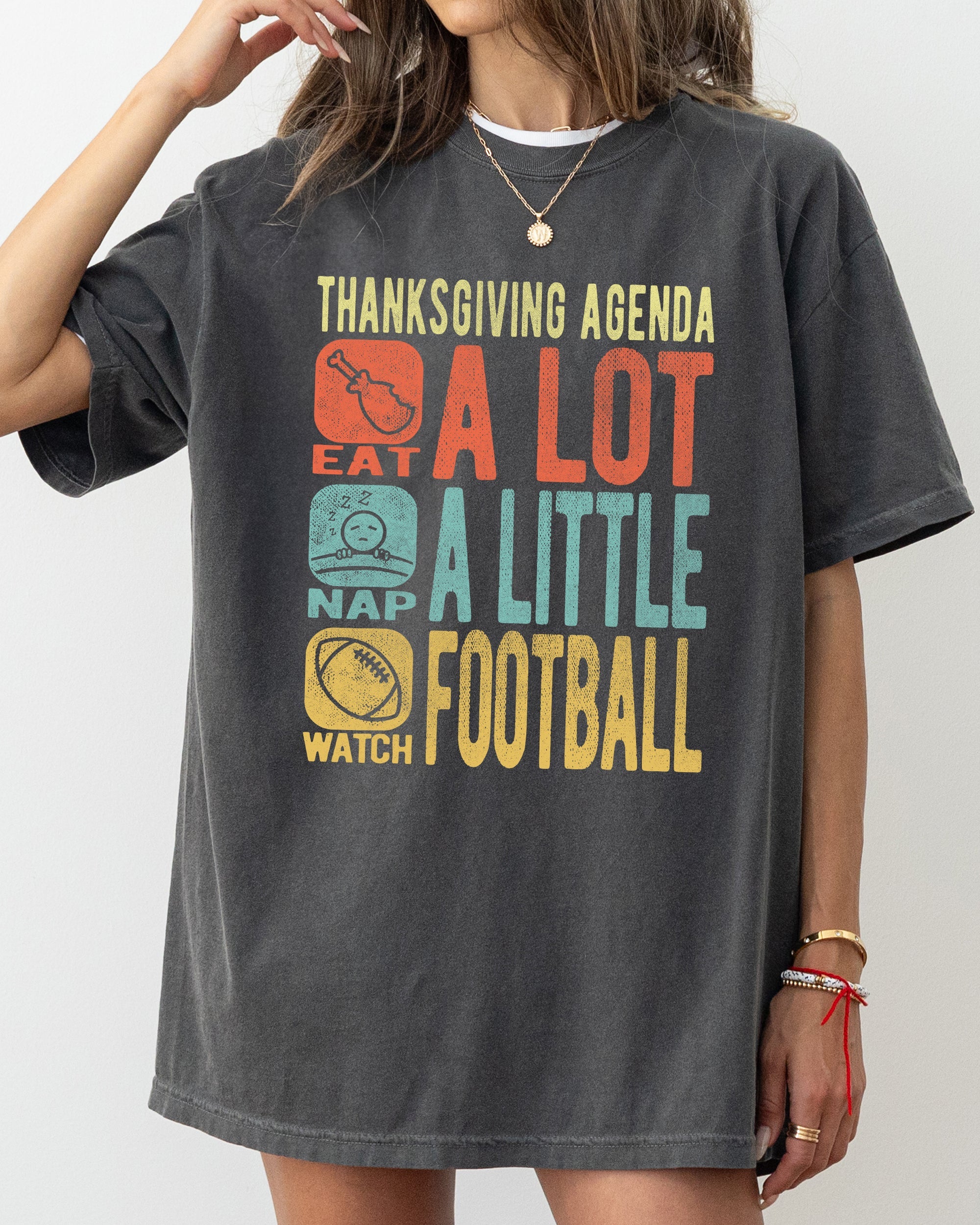Thanksgiving Agenda Turkey Nap Football Autumn Fall Funny Cozy Vintage Inspired Comfort Colors Tee