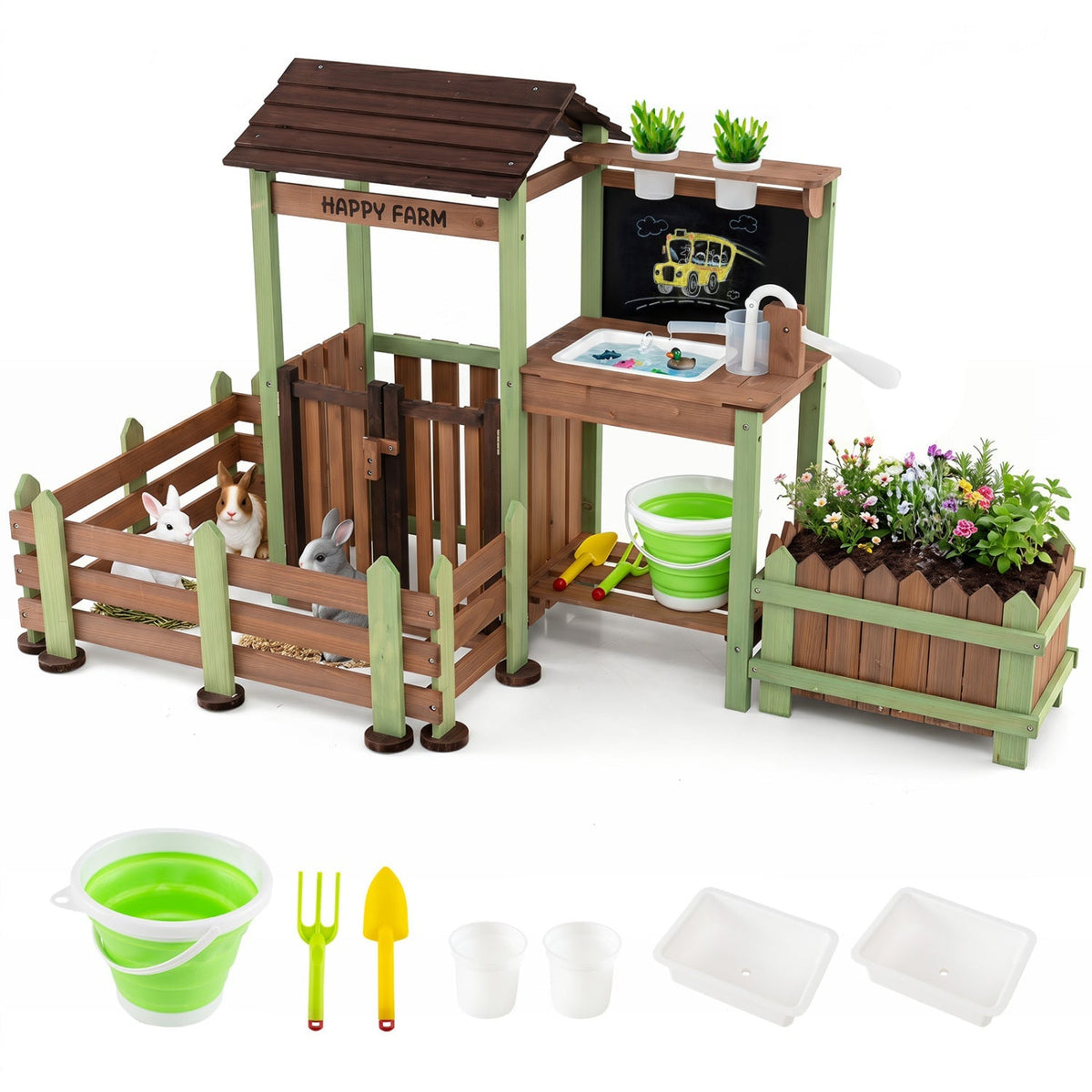 Wooden Mud Farm Playset with Planter Box and Water Pump