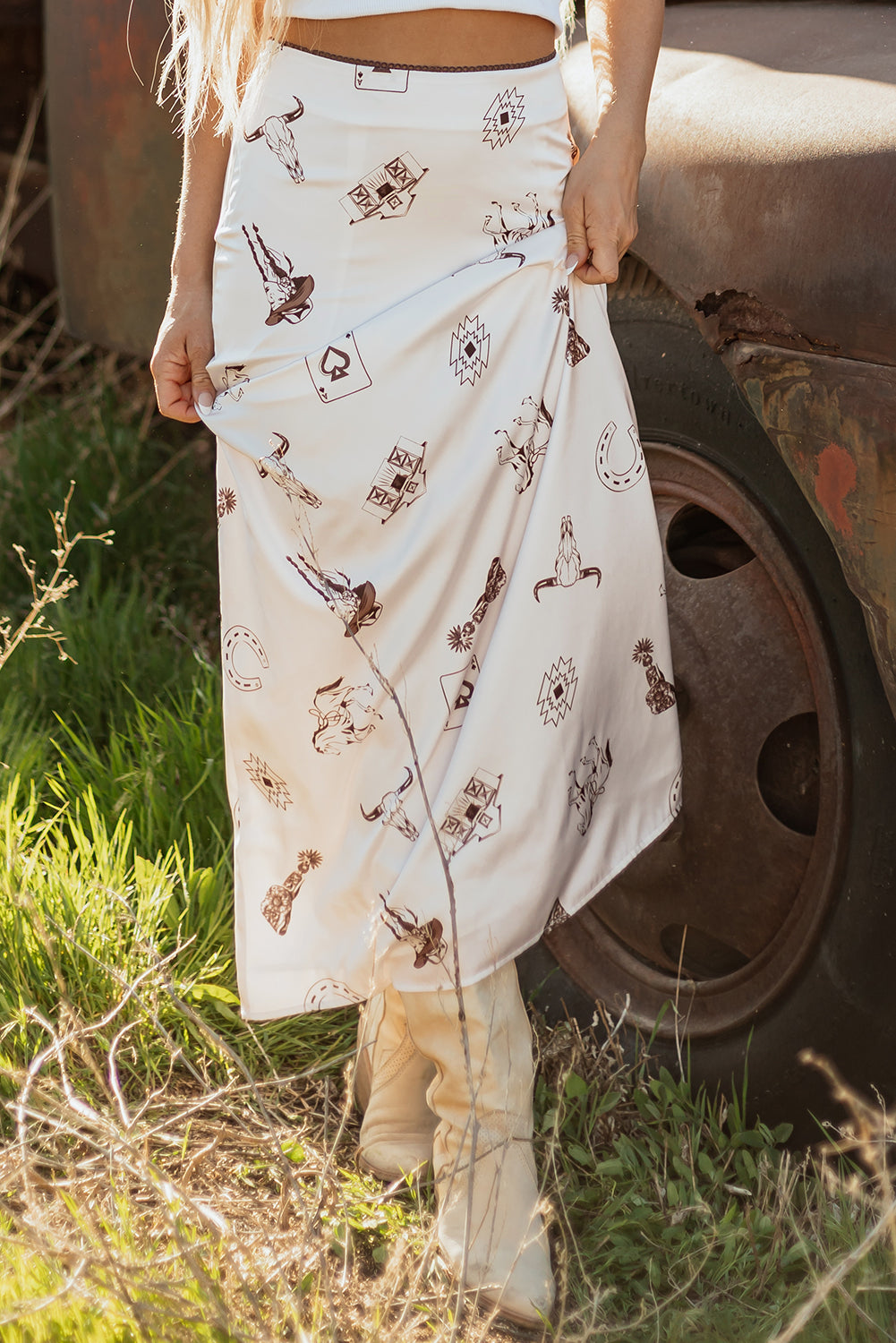 Western Lace Trim High Waist Maxi Skirt