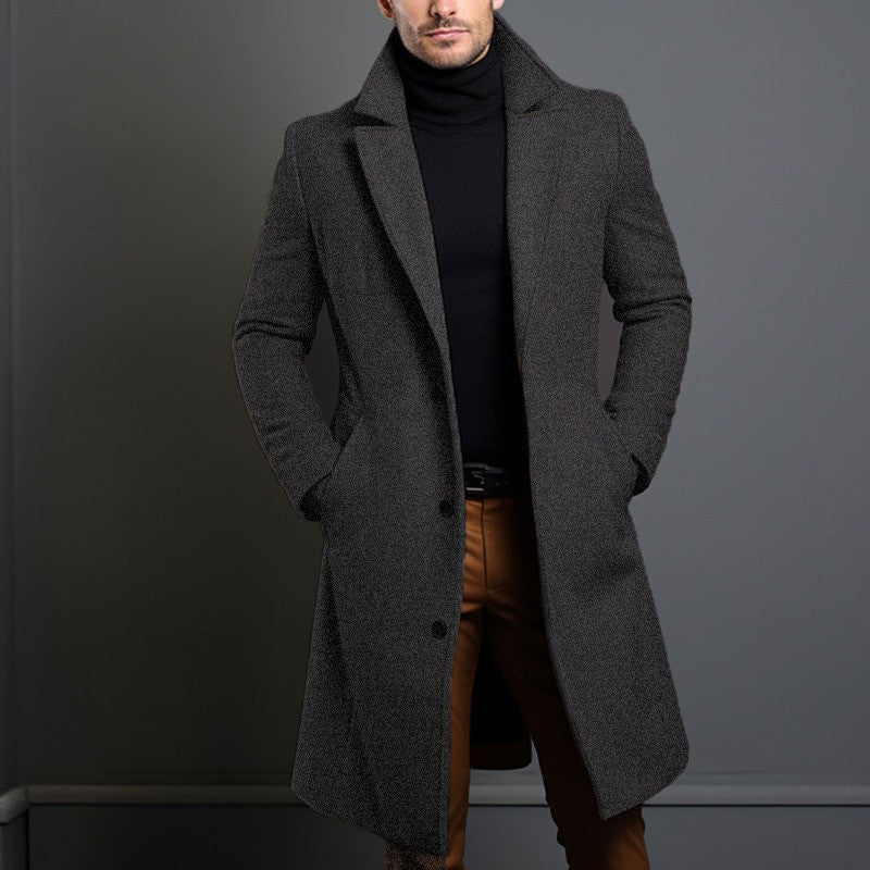 Men's Mid-length Trench Coat Fall Winter Slim Pockets Single-breasted Collar Jacket  Casual Business Comfortable Overcoat Clothing