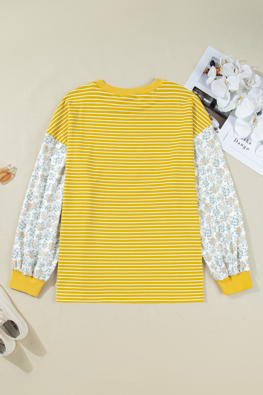 Plus Size Stripe Floral Patchwork Long Sleeve Top