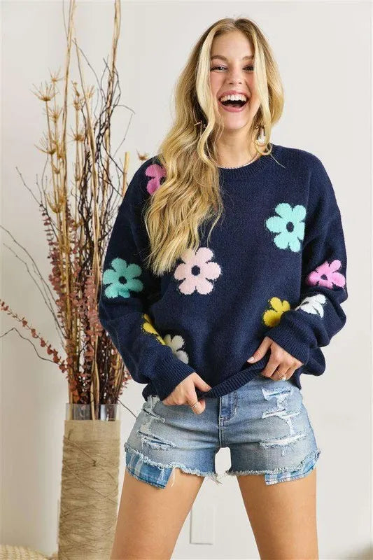 Floral Design Knit Sweater