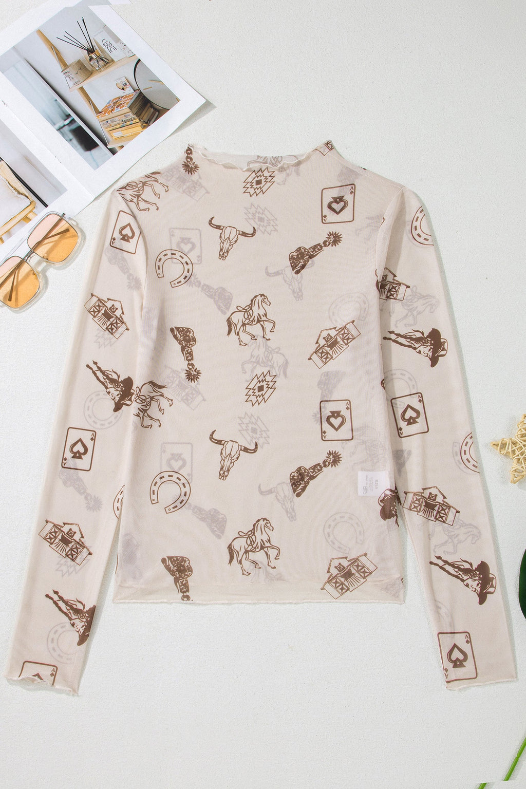 Western Mesh Mock Neck Long Sleeve Top