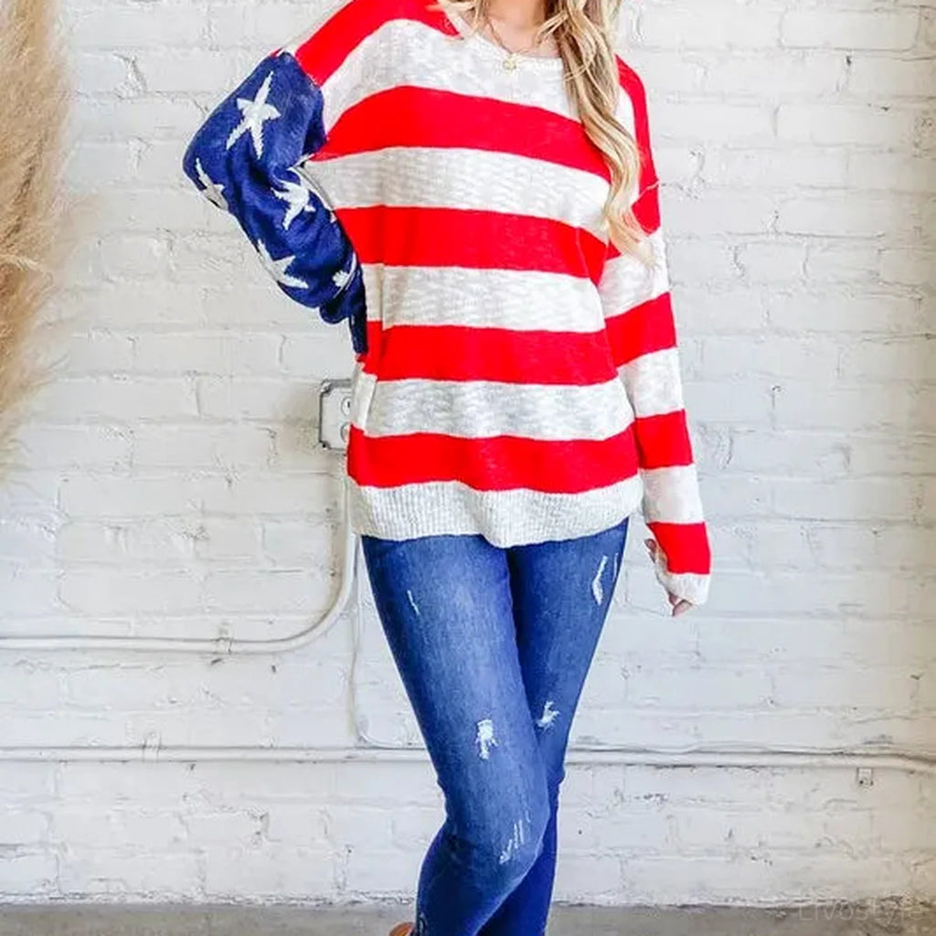 Patriotic American Flag Long Sleeve Sweater - Cozy & Stylish