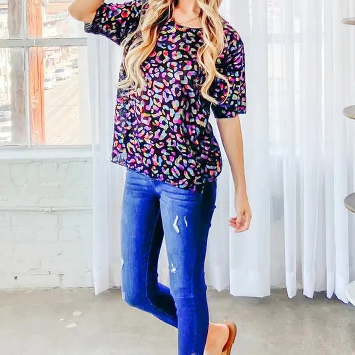 Stylish Leopard Foil Printed Half-Sleeve Summer Sweater