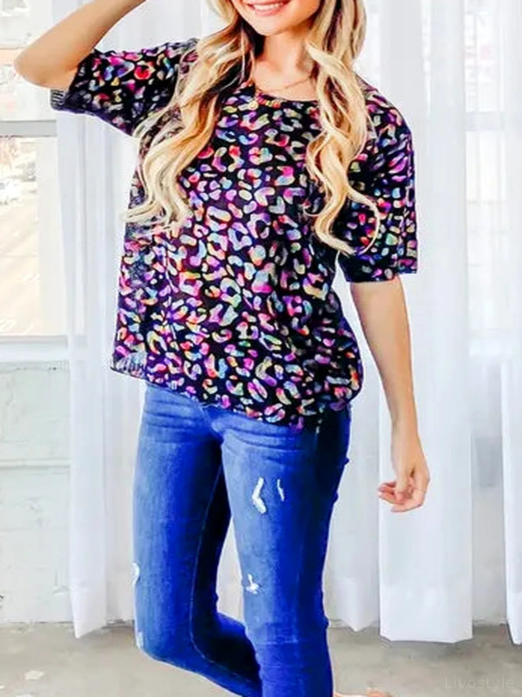 Stylish Leopard Foil Printed Half-Sleeve Summer Sweater