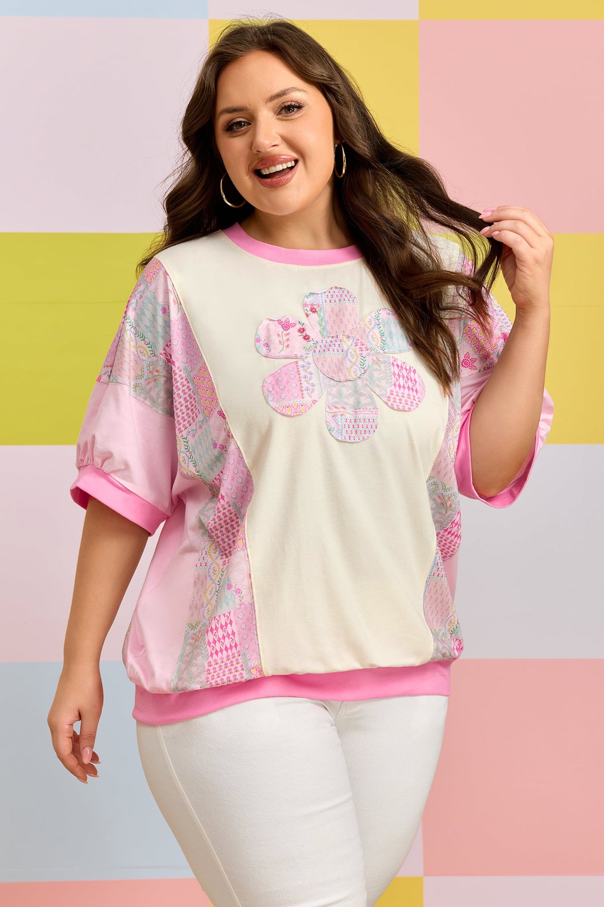 Plus Size Floral Patchwork Embroidered T-Shirt