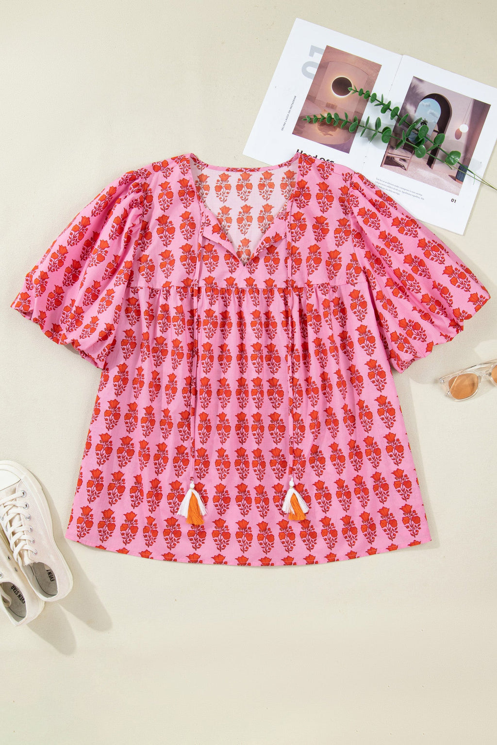 Plus Size Floral Tassel Tie Puff Sleeve Blouse