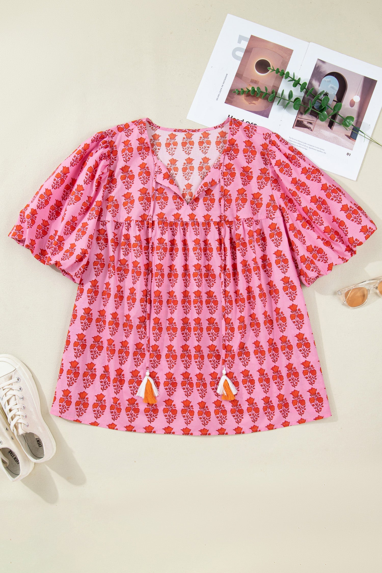Plus Size Floral Tassel Tie Puff Sleeve Blouse