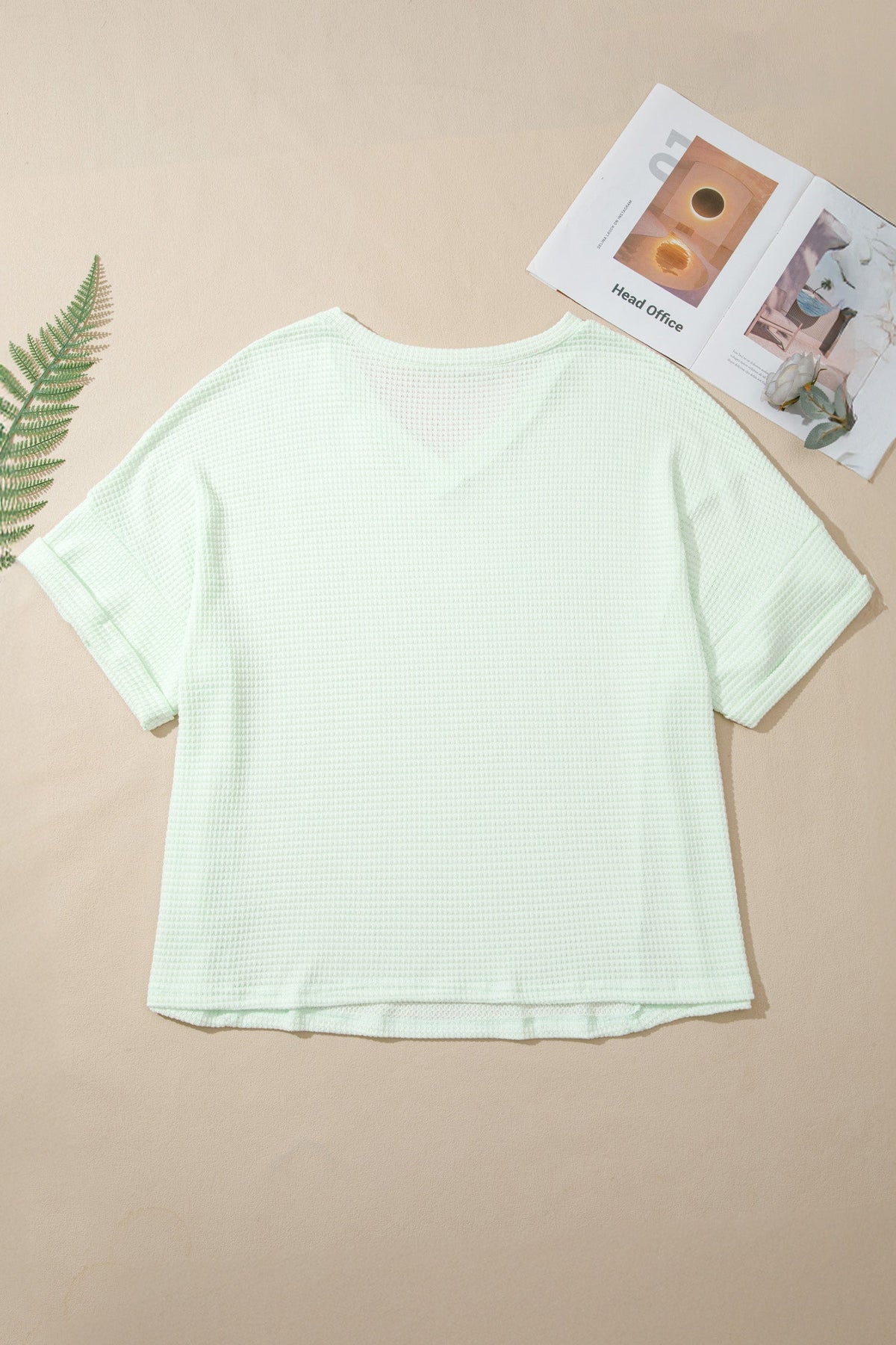 Plus Size Solid Waffle Knit V-Neck Short Sleeve Top