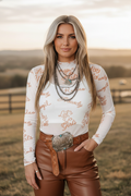 Western Mesh High Neck Long Sleeve Top