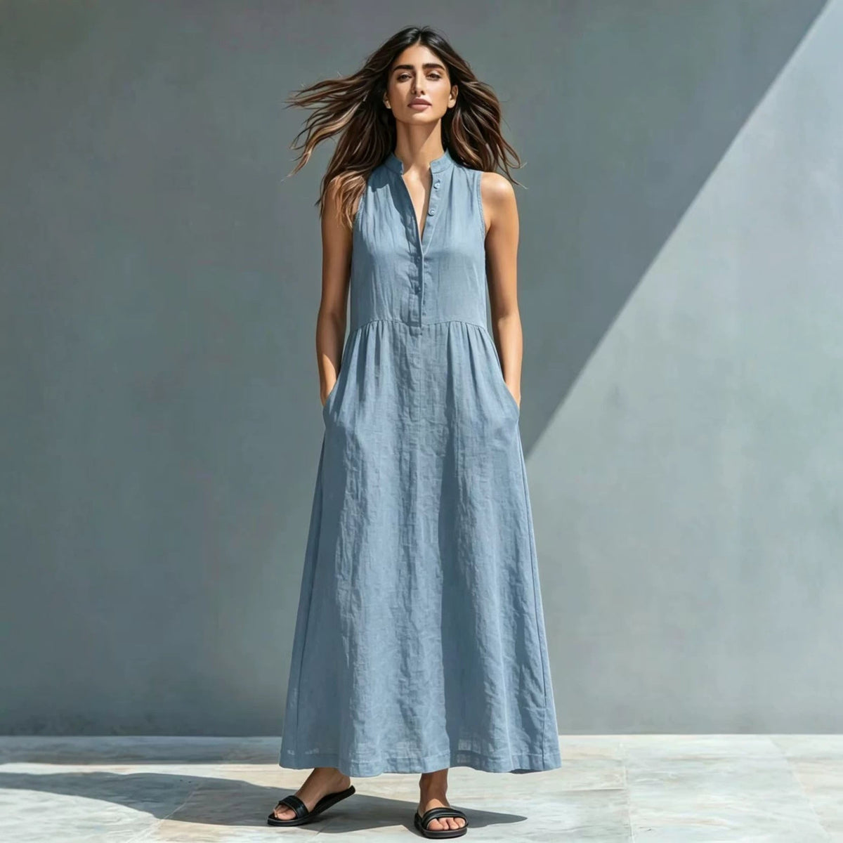 Women's Stand-Collar A-Line Maxi Dress – Resort & Vacation Style