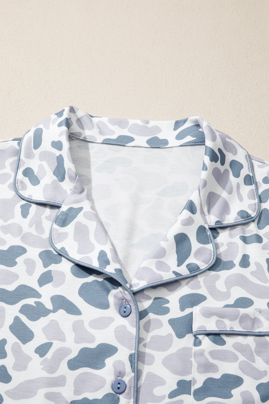Camo Lapel Shirt & Drawstring Shorts Pajama Set