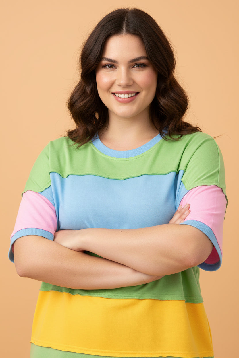 Plus Size Colorblock Raw Edge Short Sleeve T-Shirt