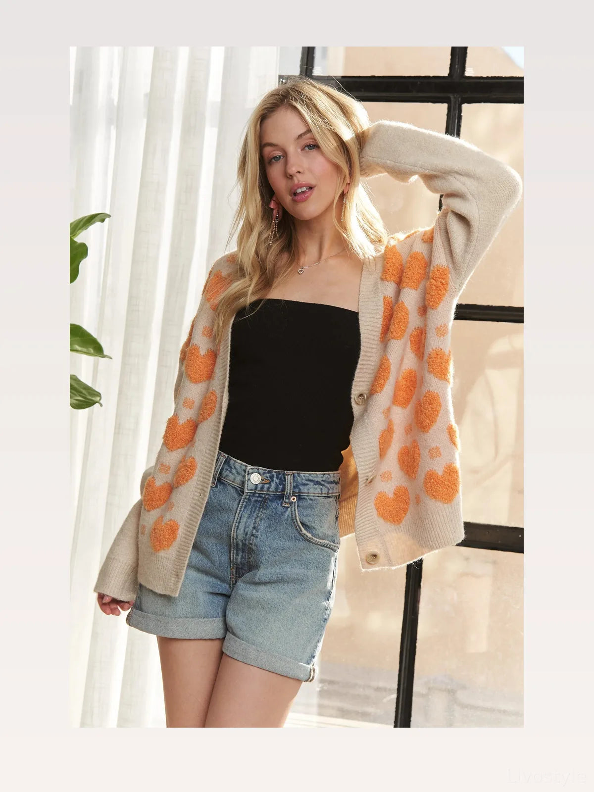 Chic Heart Patterned Button-Down Sweater Cardigan