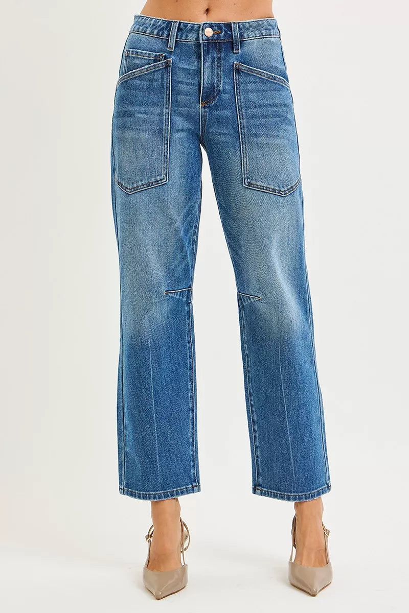 4 Way Stretch Mid Rise Barrel Jeans with Patch Pocket Detail