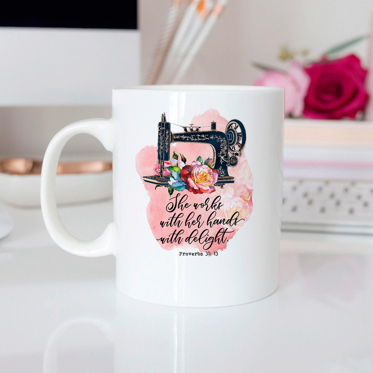Proverbs 31 Coffee Mug - Watercolor Flower Cup With Vintage Sewing Machine Design