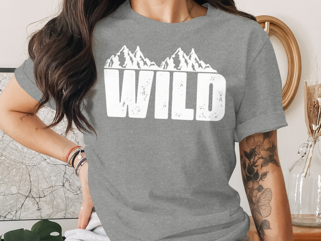 White Wild Text with Mountains Graphic Design T-Shirt