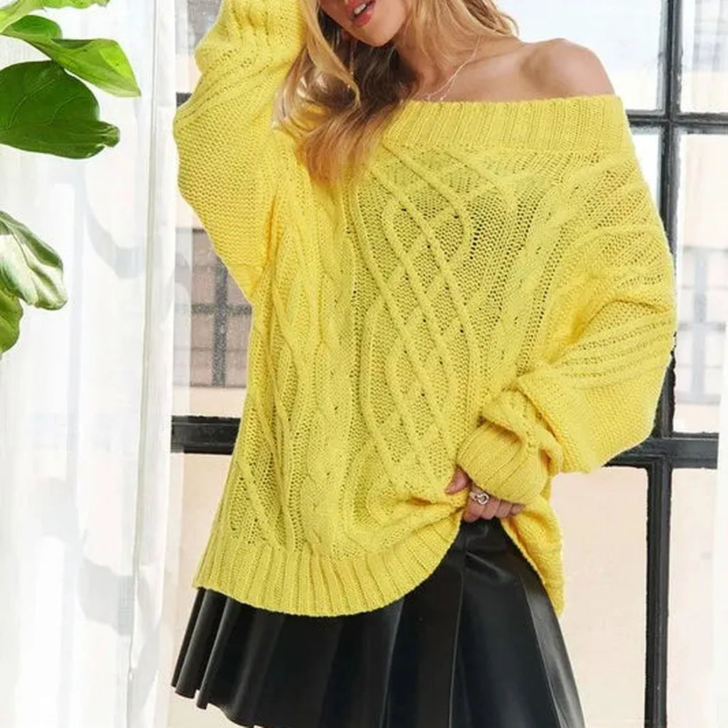 Off-Shoulder Cable Knit Sweater - Cozy & Trendy Design