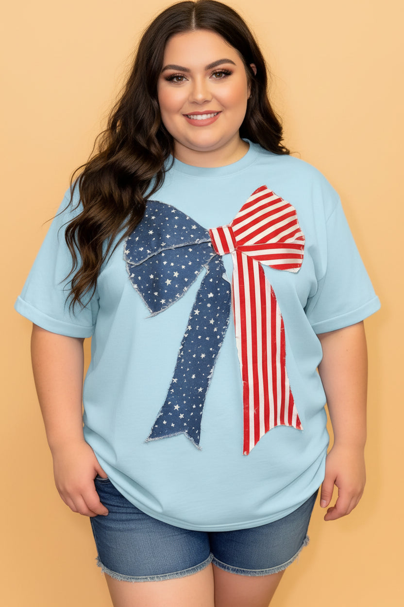Plus Size Patriotic Stars & Stripes Bow Patchwork T-Shirt
