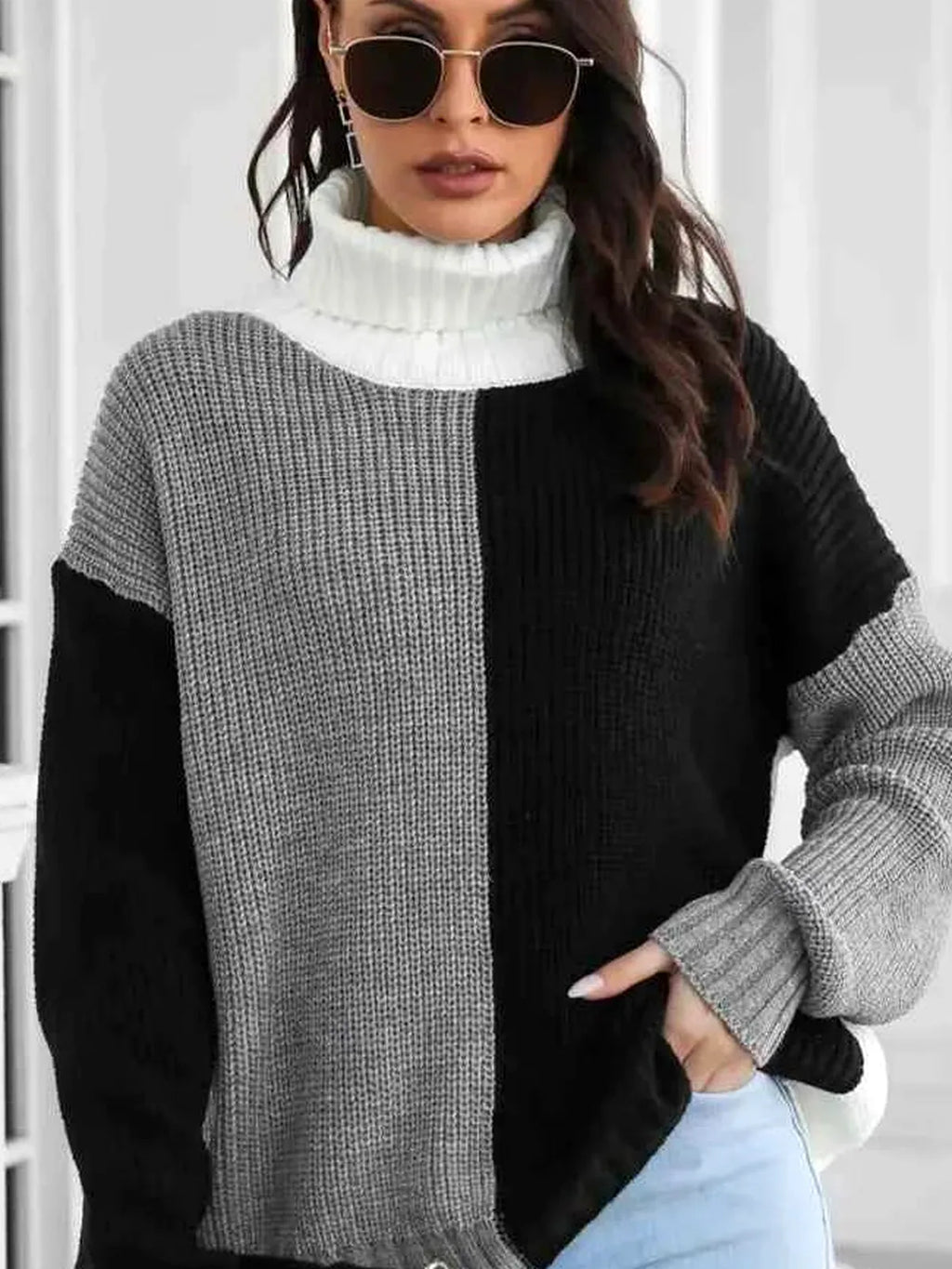Contrast Turtleneck Long Sleeve Sweater
