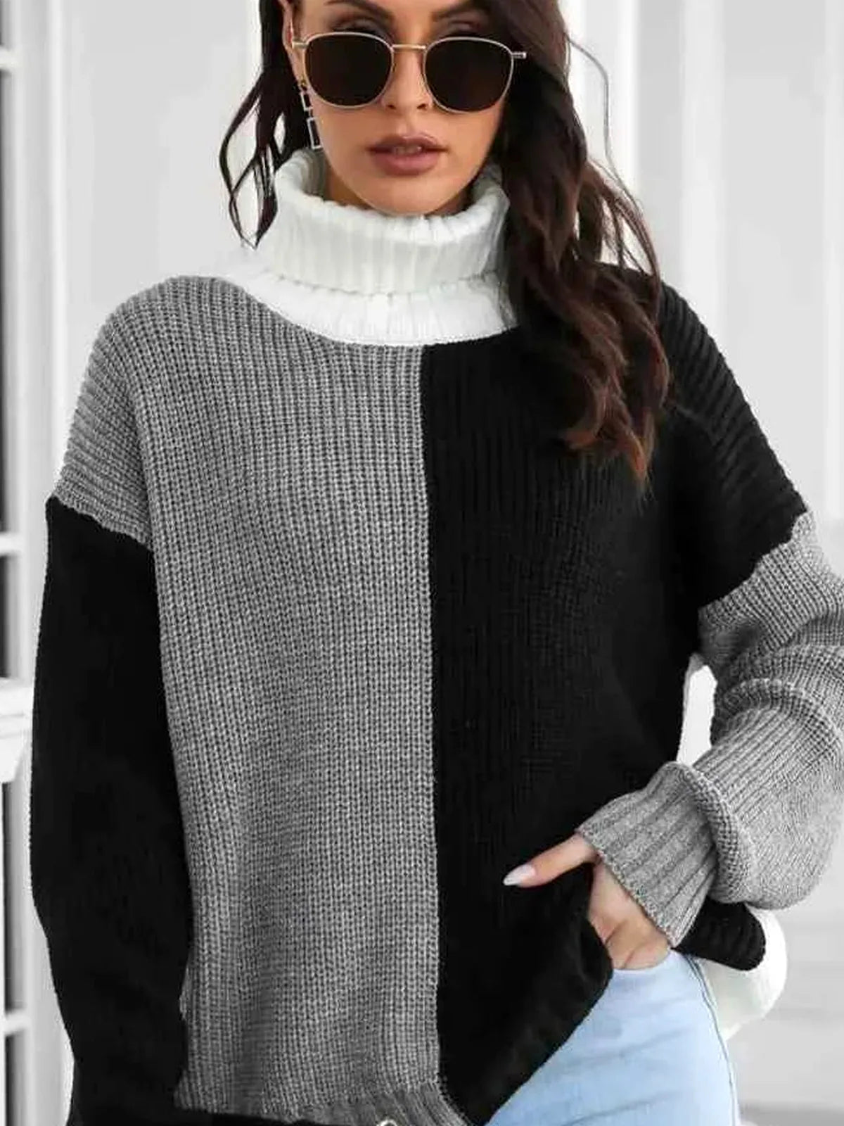 Contrast Turtleneck Long Sleeve Sweater