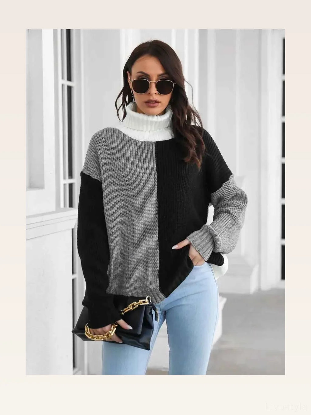 Contrast Turtleneck Long Sleeve Sweater