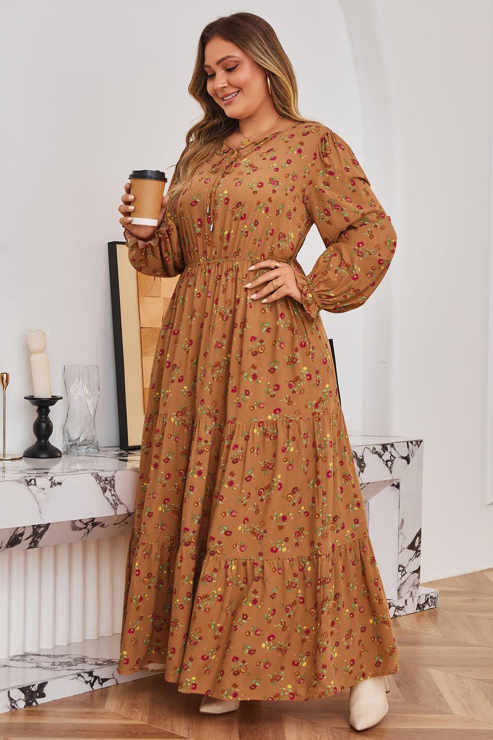 Plus Size Floral V-Neck Ruffle Sleeve Tiered Dress