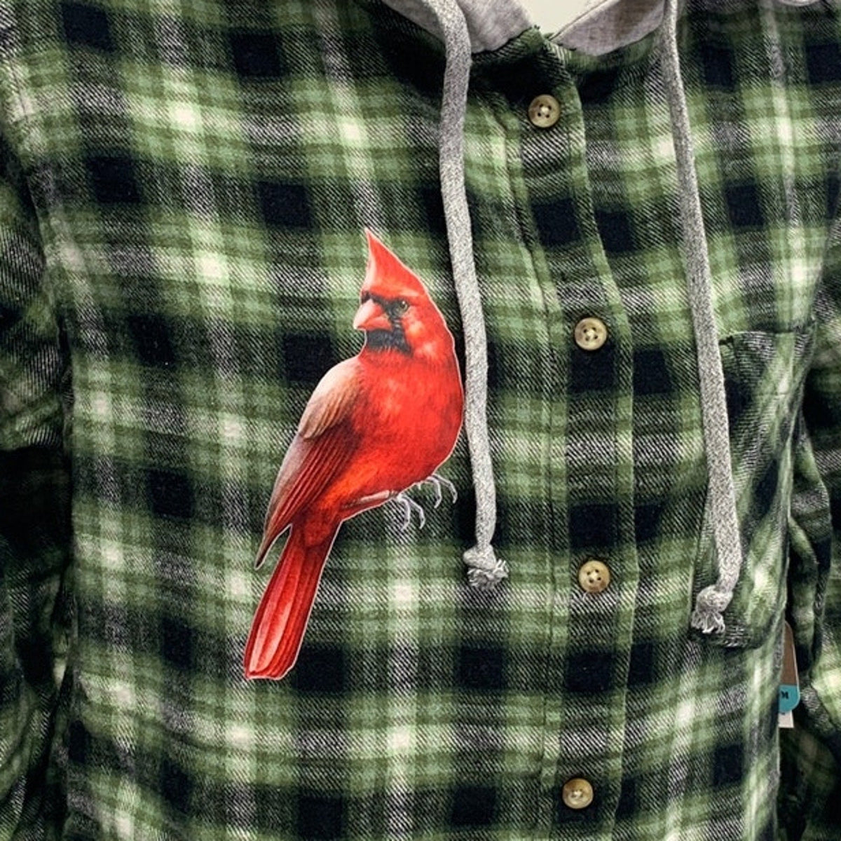 New Hand Printed Women Medium Red Cardinal Bird Plaid Flannel Long Sleeve Hoodie