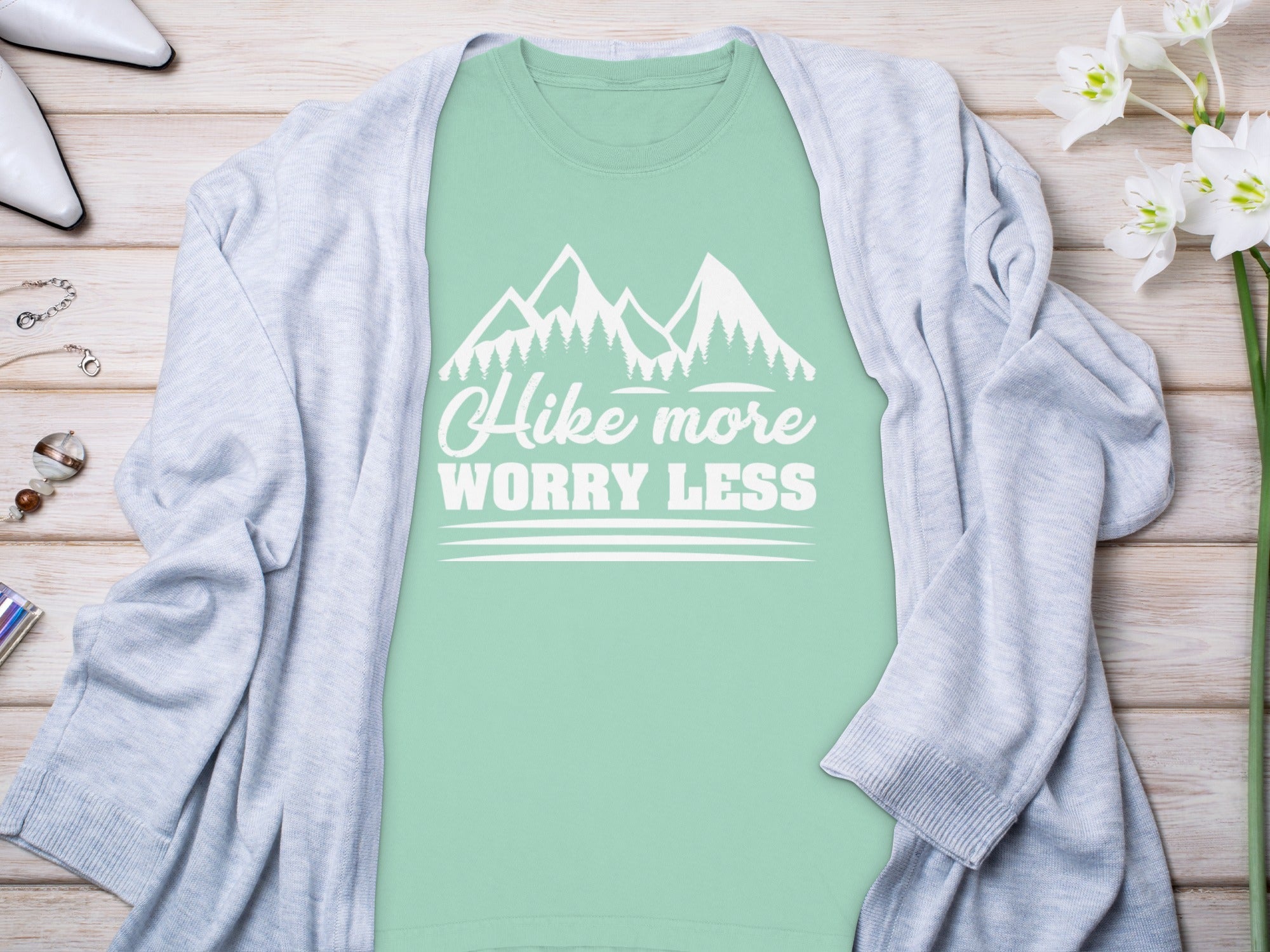 Hike More Worry Less Mountain Graphic Design Long Sleeve T-Shirt