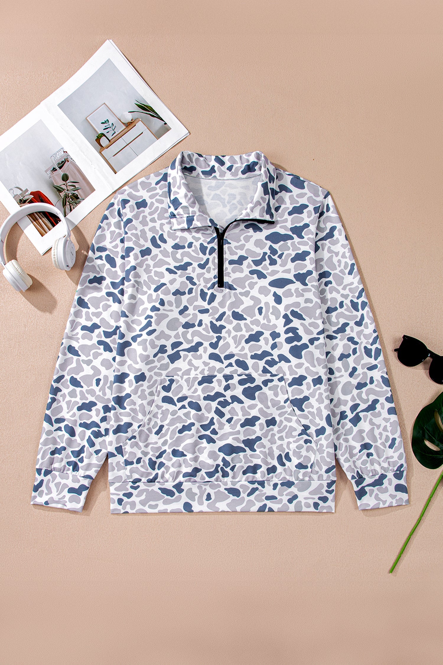 Plus Size Camo Quarter Zip Kangaroo Pocket Sweatshirt
