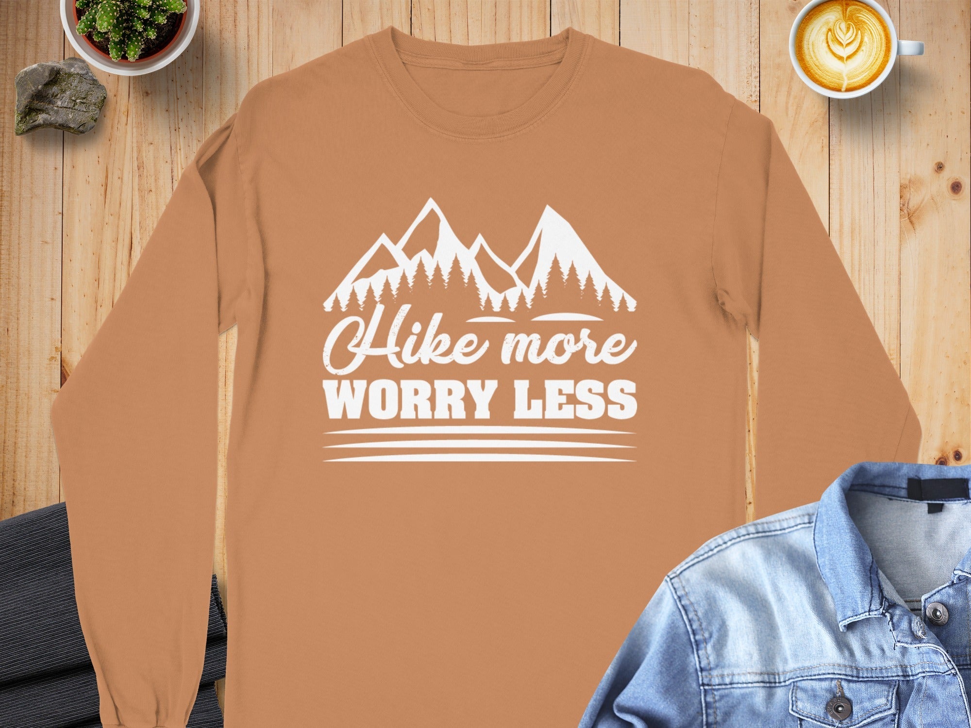 Hike More Worry Less Mountain Graphic Design Long Sleeve T-Shirt