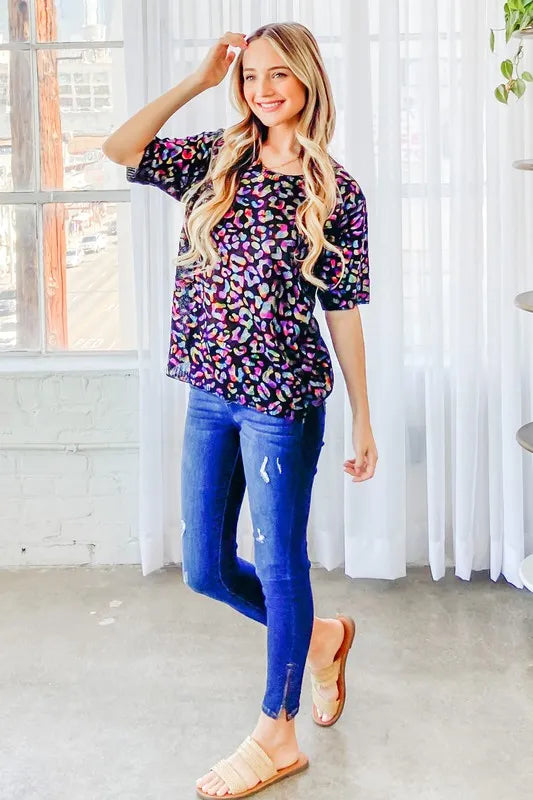 Stylish Leopard Foil Printed Half-Sleeve Summer Sweater