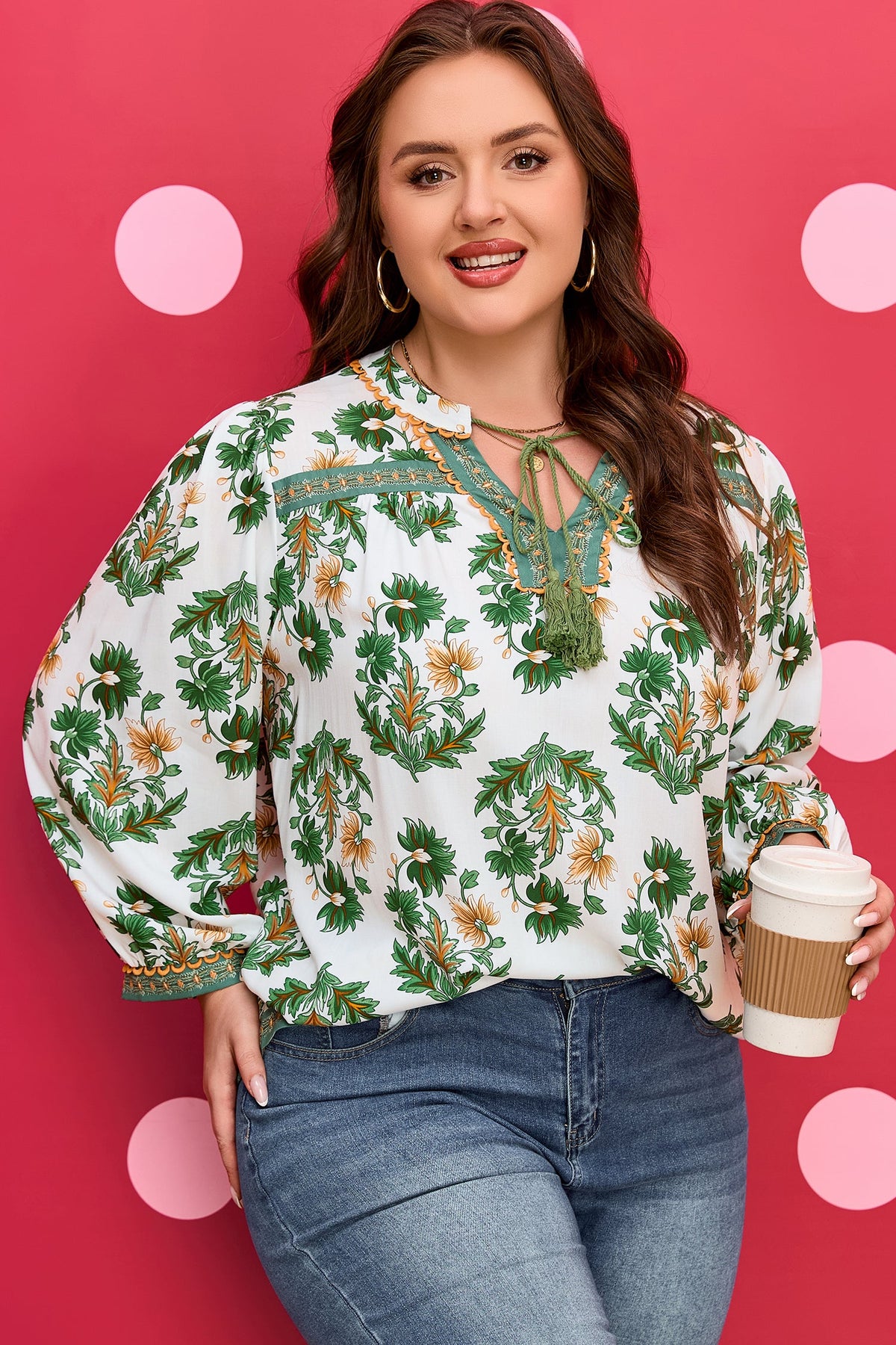 Plus Size Floral Patchwork Tassel Tie Blouse