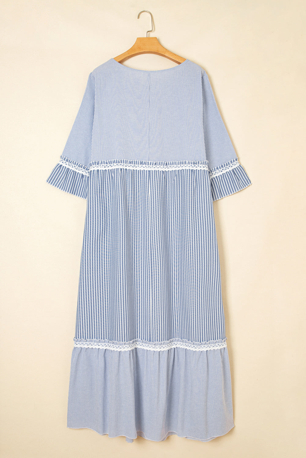 Plus Size Stripe Patchwork Lace Trim 3/4 Sleeve Maxi Dress